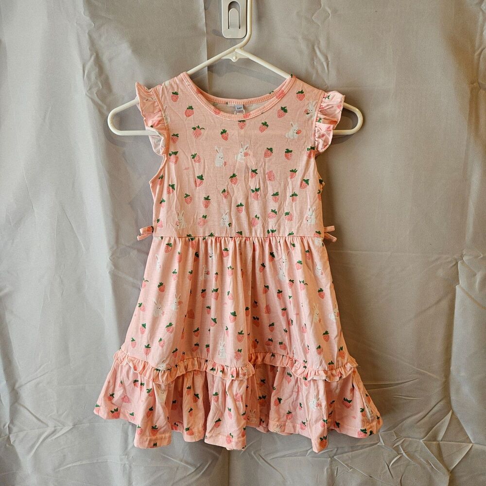 Sweet Pink Strawberry & Bunny Dress Girls 5-6T Flutter Sleeves Ruffled Skirt